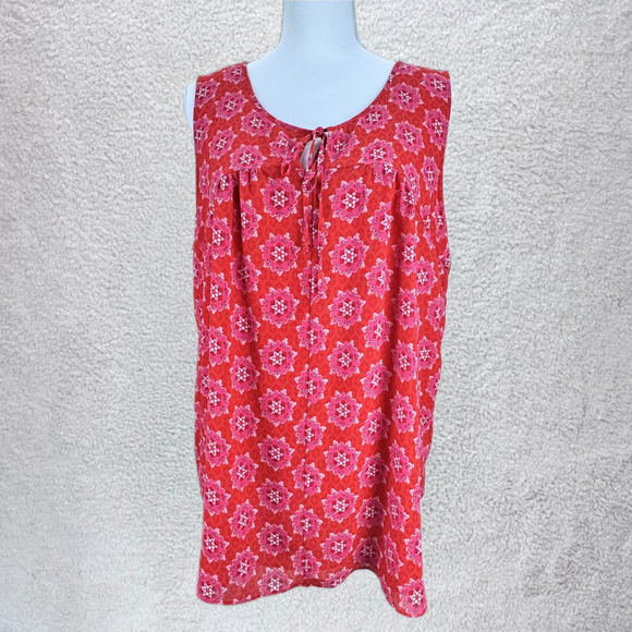 Rose Olive Top Women Sz XL Sleeveless Red White Geometric Print Tassel Tie Boho - Picture 1 of 11
